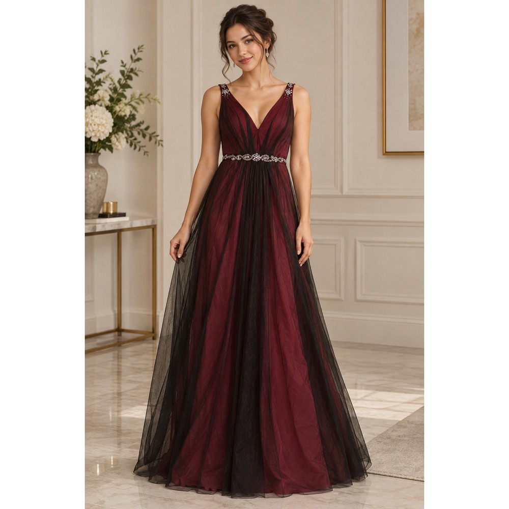 JJ's House Formal Gown Women Burgundy Black Tulle Beaded Whimsigoth Goth